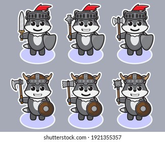 Vector illustration of cute Gray Wolf Knight cartoon. Cute Wolf expression character design bundle. Good for icon, logo, label, sticker, clipart.