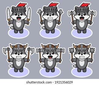 Ilustración vectorial del lindo Lobo Gris Knight con caricatura de arma doble. Conjunto de diseño de caracteres de expresión de Lobo corto. Es bueno para el icono, logotipo, etiqueta, pegatina, clipart.