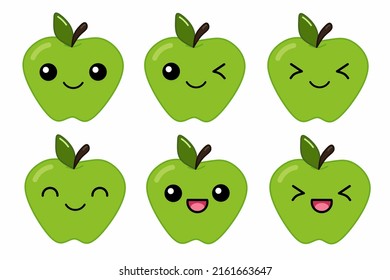 Vector illustration of cute green apple cartoon character isolated on white background. Fruit cartoon set with kawaii smiling emoji.