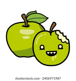 Vector illustration of cute green apple cartoon character. 