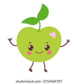 Ilustración vectorial de una linda manzana verde con cara sonriente, rubor rosa y hoja verde. Objeto de fruta aislado plano.