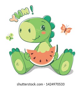 Vector illustration of a cute green baby dinosaur eating watermelon.