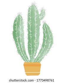  vector illustration of cute green cactus in an orange pot on a white background with  hand draw