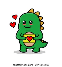 Vector illustration of a cute green dino that holding board with love sign.