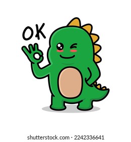 Vector illustration of a cute green dino with a gesture and says ok