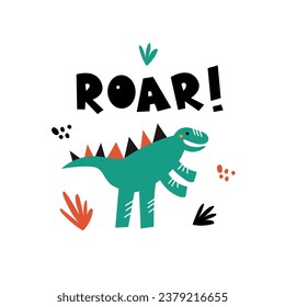 Vector illustration with cute green dinosaur and roar lettering. Modern design with smiling character.
