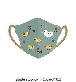 Vector illustration of cute green fabric protective face mask with Hen and chicks pattern for protect dust PM2.5, anti pollution or Coronavirus, COVID-19. Isolated on white background.
