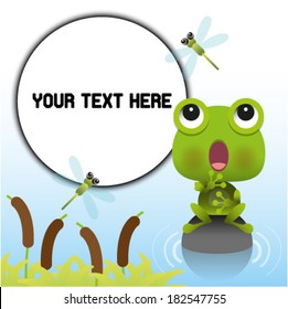 Vector illustration of cute green frog and dragonfly 