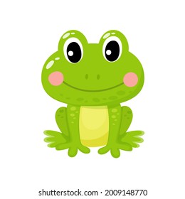 Vector illustration of cute green frog on a white background in cartoon style.