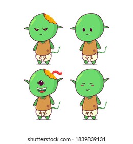 Vector illustration of cute green goblin and aliens. Goblins and aliens with all kinds of expressions. Suitable for children's products.