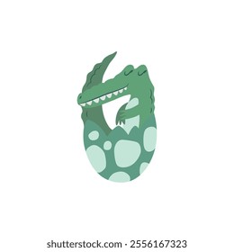 Vector illustration with cute green hand drawn baby crocodile isolated on white background. Adorable animal design illustration for card, poster, wallpaper, fabric print, nursery decoration