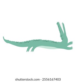 Vector illustration with cute green hand drawn crocodile isolated on white background. Adorable animal design illustration for poster, card, wallpaper, fabric print, nursery decoration