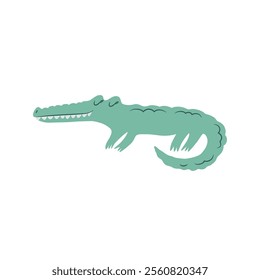 Vector illustration with cute green hand drawn baby crocodile isolated on white background. Adorable animal design illustration for poster, card, wallpaper, fabric print, nursery decoration