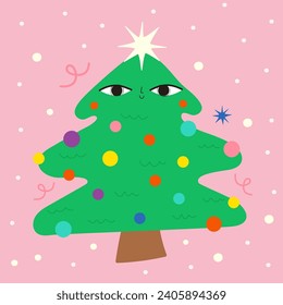 Vector illustration with cute green new year pine tree, colored garland and snow. Greeting christmas and winter card template