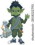 Vector illustration of a cute green orc or goblin boy soldier character designed in a modern steampunk anime style. The character features pointed ears, small tusks, spiky dark hair, tactical military vest, ammo strap, cargo shorts, and stylish sneakers, holding a futuristic double-barrel chemical weapon with a purple fluid container while waving hello. High-quality isolated vector art on a clean background, perfect for video game characters, mascot logos, t-shirt prints, stickers, gaming avatars, comic illustrations, and merchandise design. Fully editable EPS vector format