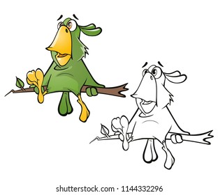 Vector Illustration of a Cute Green Parrot. Cartoon Character. Outline 