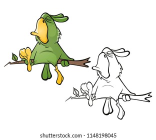 Vector Illustration of a Cute Green Parrot. Cartoon Character. Outline 