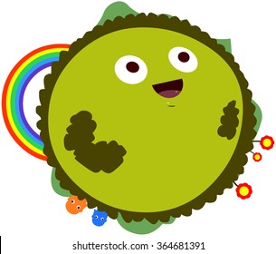 A vector illustration of a cute green planet with flowers and rainbow.