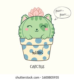 Vector illustration of cute green prickly cat shaped cactus in polka dot flowerpot, lettering rurr, meow, catctus, cartoon funny card drawn in kawaii anime style, drawn with a tablet