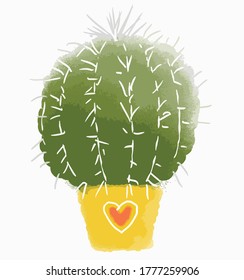 vector illustration of cute green round 
 watercolor cactus in an yellow pot on a white background with  hand draw