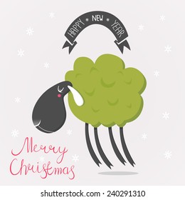Vector illustration of cute green sheep with lettering elements, symbol of 2015. Can use as New Year greeting card or background. Vector EPS 10 illustration.