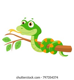 Vector Illustration Of Cute Green Smiles Snake On Branch. Cartoon Vector Reptile Isolated On White Background.