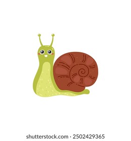 Vector illustration of cute green snail with a brown shell. The snail has big, expressive eyes and a smiling face. Its body is bright green with a light yellow underside.