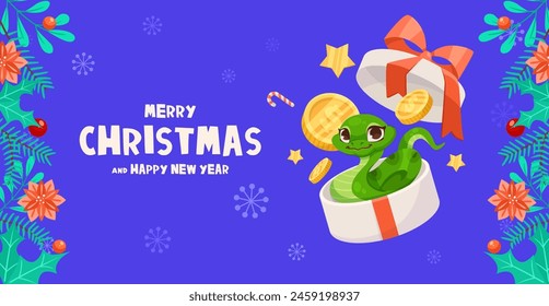 Vector illustration of a cute green snake in a gift box with holiday decorations and a festive greeting on a blue background, concept of whimsical Christmas. Vector illustration