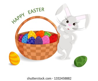 Vector Illustration of Cute Greeting Card of Happy Easter. Drawing with Bunny Stands Leaning on Wicker Basket with Painted Eggs. Template with Easter Bunny for Postcard, Banner, Poster, Flyer and etc