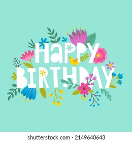 ilustración vectorial, tarjeta de saludo linda con flores y texto con letras de la mano de feliz cumpleaños sobre fondo verde de menta