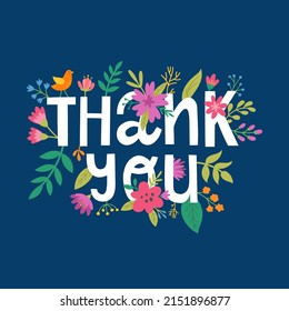 vector illustration, cute greeting card with flowers and thank you hand lettering text on blue background