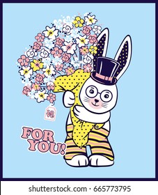 Vector illustration of cute greeting card with rabbit with big bouquet of flowers and lettering "For you". Easter white bunny with hat, glasses, polka dot ears isolated on a blue background with frame