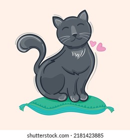 Vector illustration cute grey british cat on pillow with narrowed eyes on enjoys him life.
