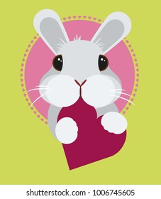 Vector illustration of a cute grey bunny holding a heart on green background