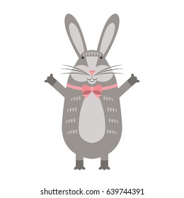 Vector illustration of a cute grey bunny with pink bow isolated on white background.