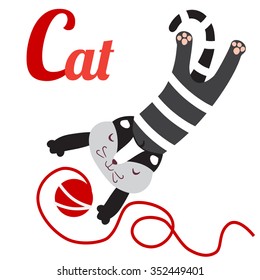 A vector illustration of cute grey cat with ball of yarn. Cat for C letter. English alphabet