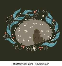 Vector illustration of cute grey hedgehog sleeping tight in winter. Lovelly animal with chistmas herbs and berries.