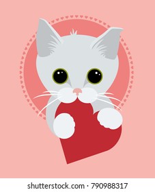 Vector illustration of a cute grey kitten holding a heart with pink background
