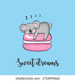 Vector illustration of cute grey koala drawn in kawaii anime style, cartoon australian bear sleeping on a pink biscuit cake, lettering sweet dreams, beautiful card, good night, baby, card design