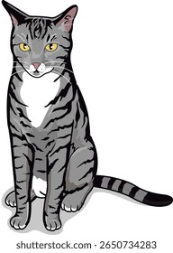 Vector illustration of a cute grey tabby cat with yellow eyes sitting calmly. Perfect for pet-themed designs, cat lover projects, and animal illustrations.
