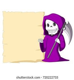 vector illustration of Cute grim reaper with blank sign