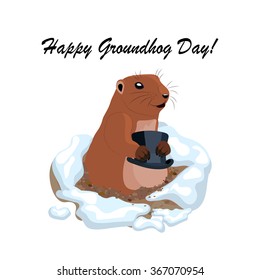 Vector illustration with a cute groundhog holding a black hat out of a hole. Happy Groundhog day lettering.