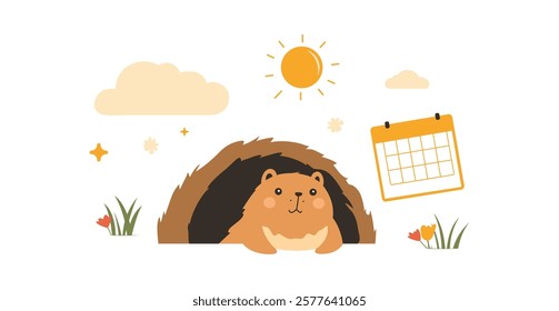 Vector illustration of a cute groundhog peeking from a burrow on white background