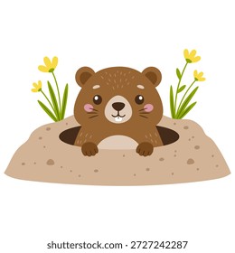 Ilustração vetorial de marmota bonito saindo de um buraco. Desenho de personagens de marmota. Feliz Dia da Marmota.