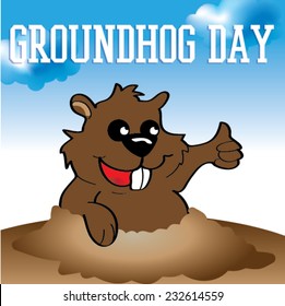Vector illustration of a cute groundhog popping out of a hole.