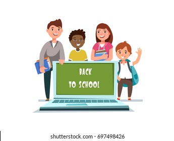 Vector illustration of cute group student standing in the back of a large laptop computer with chalkboard in cartoon style. Design concept postcard back to school