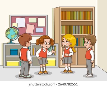 vector illustration of cute group of students talking in classroom