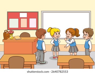vector illustration of cute group of students talking in classroom