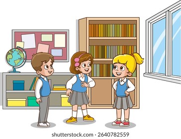 vector illustration of cute group of students talking in classroom