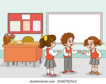 vector illustration of cute group of students talking in classroom